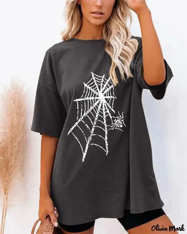 Olivia Mark – Halloween Graphic Tee Casual Spider Web Print Tee Oversized Graphic Tee Product Image