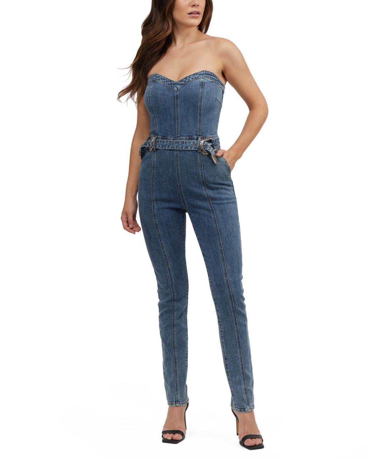 Bebe Womens Belted Strapless Denim Jumpsuit Product Image