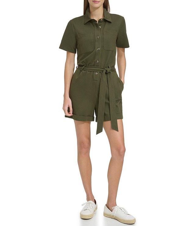 Andrew Marc Sport Knit Twill Point Collar Short Sleeve Utility Romper Product Image