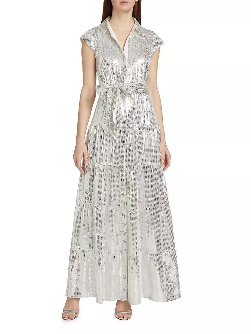 Miranda Sequined Tie-Waist Tiered Maxi Shirtdress Product Image