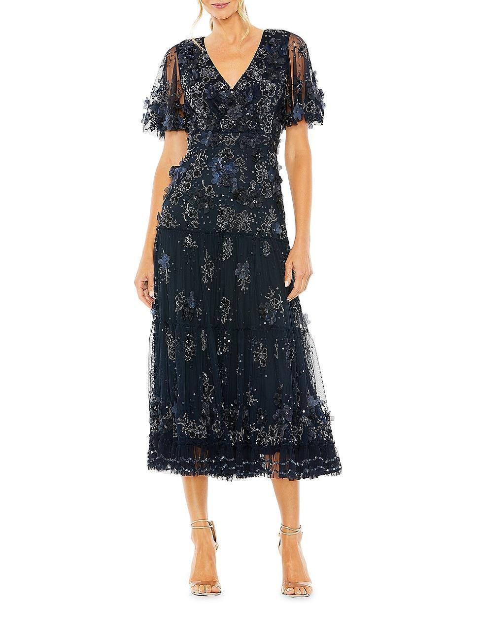 Womens Floral Embellished Tiered Midi-Dress Product Image