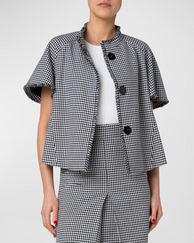 Wool-Blend Houndstooth Fringed Short-Sleeve Jacket Product Image