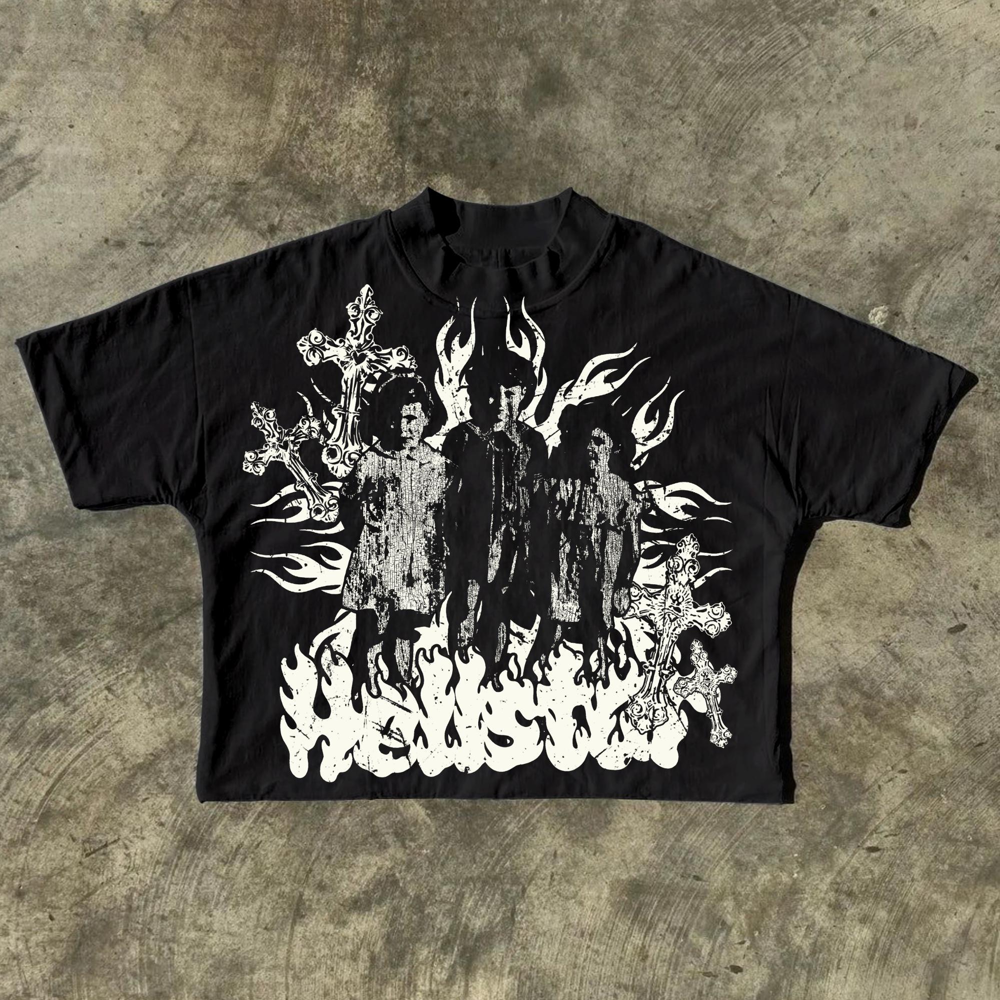 Flame Character Cross Peace Destruction Old Retro Graphics Cotton Cropped T-Shirt Product Image