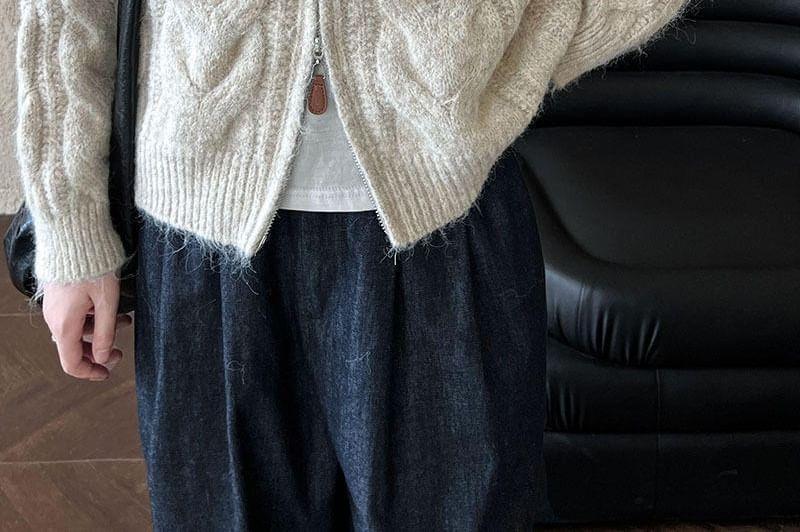 Drop Shoulder Plain Cable Knit Zip Up Cardigan Product Image