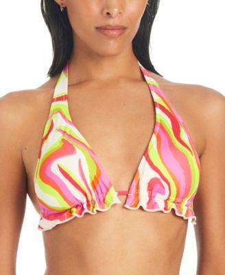 Sanctuary Womens Neon Swirl Tie-Front Ruffled Halter Swim Top Product Image