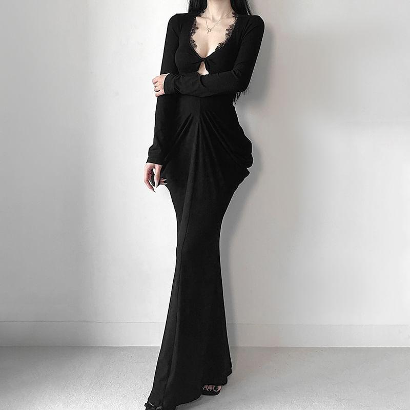 Long-Sleeve V-Neck Plain Cutout Lace Panel Maxi Sheath Dress Product Image