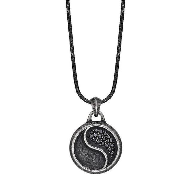 Mens LYNX Black Ion Plated Stainless Steel Black Cubic Zirconia Yin Yang Pendant Necklace Product Image