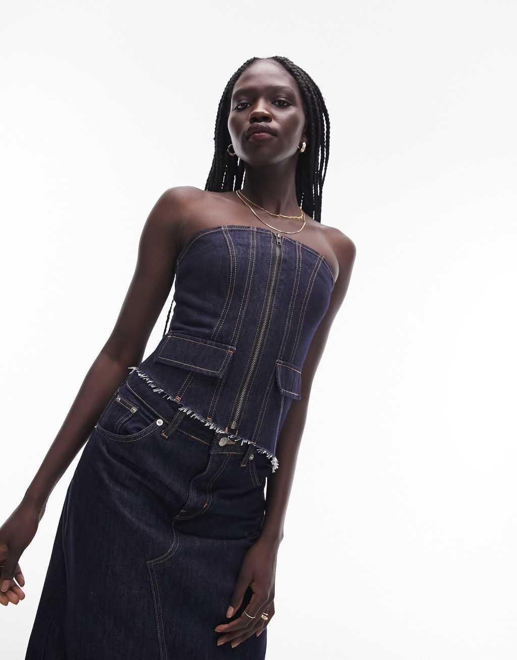 Topshop deconstructed denim corset in indigo Product Image