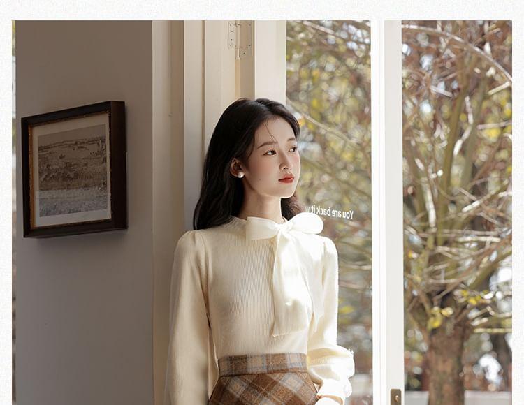 Set: Long-Sleeve Ribbon Neck Plain Top + High Rise Plaid Midi A-Line Skirt Product Image