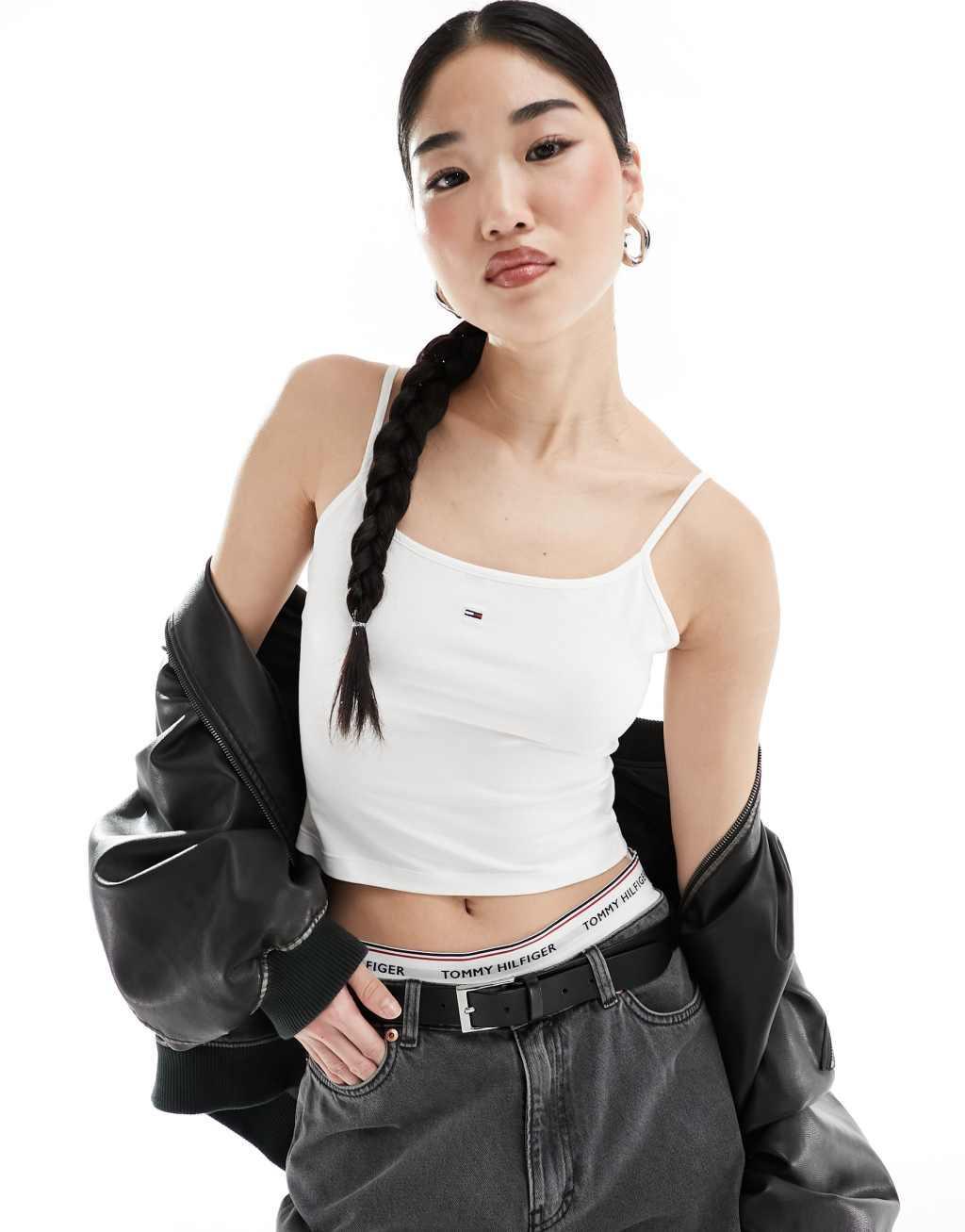 Tommy Jeans cropped essential strappy tank top in white Product Image