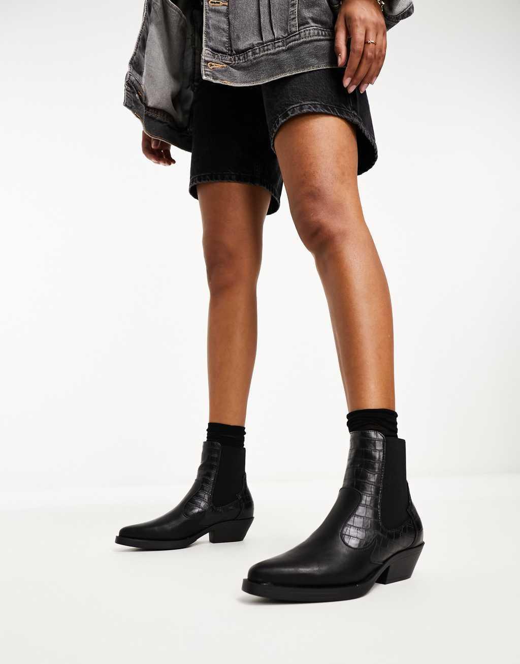 Only faux croc detail western boots in black  Product Image