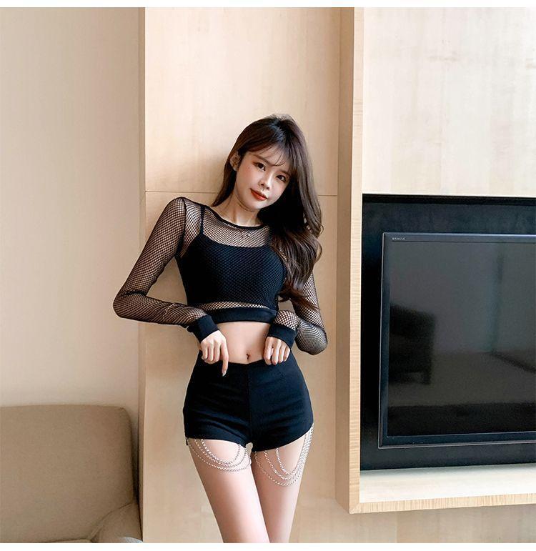 Long-Sleeve Fishnet Crop Top / Chained Hot Pants Product Image