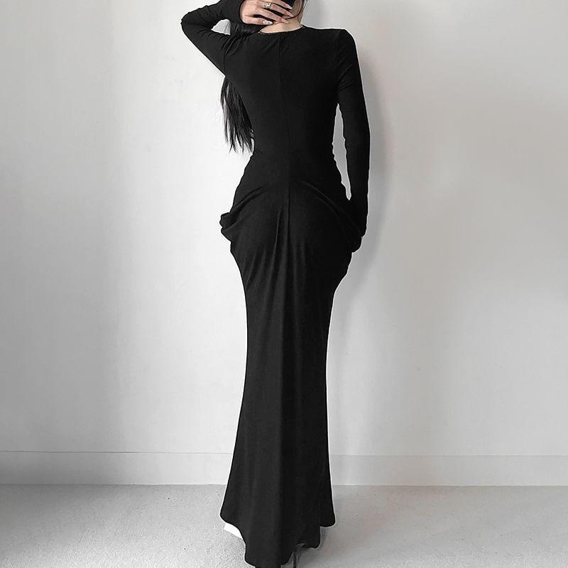 Long-Sleeve V-Neck Plain Cutout Lace Panel Maxi Sheath Dress Product Image