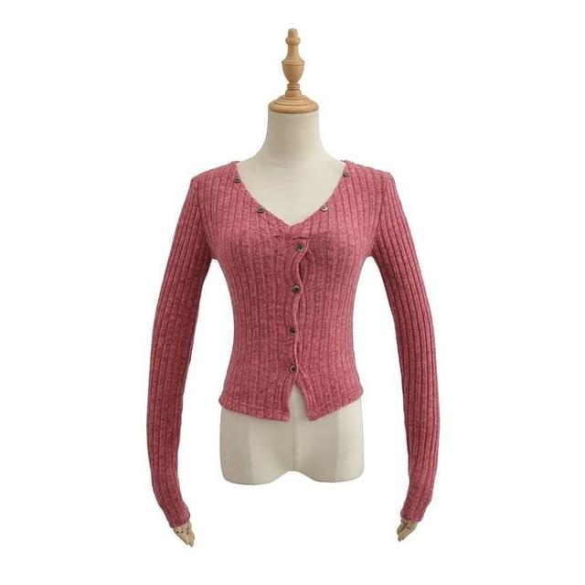 V-Neck Button-Up Plain Crop Cardigan Product Image