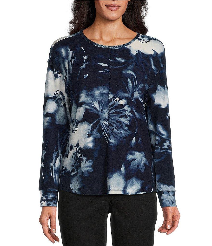 Westbound Pressed Dandelion Print Round Neck Long Sleeve Knit Tee Shirt Product Image