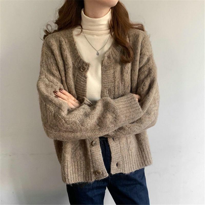 Round Neck Plain Cable-Knit Cardigan Product Image