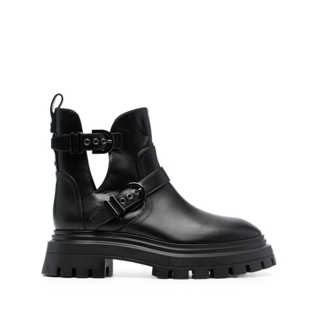 Buckle-fastening Leather Ankle Boots In Black Product Image