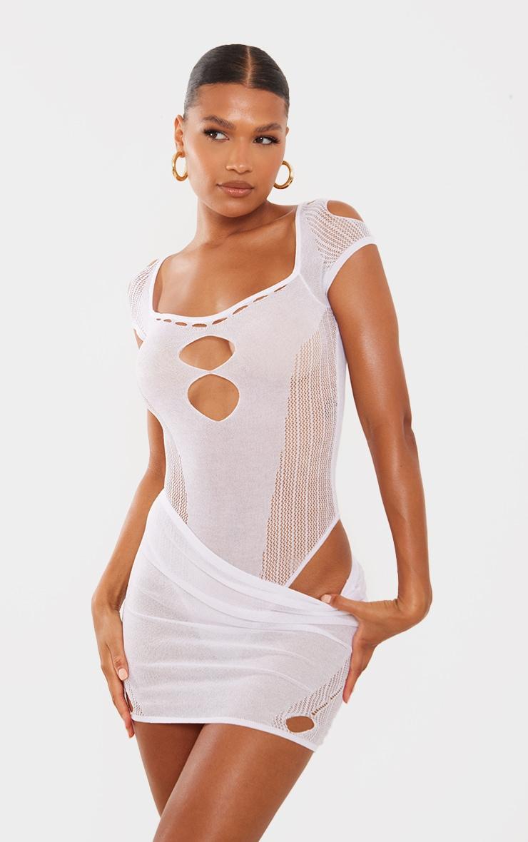 White Sheer Knit Cut Out Panelled Bodysuit Product Image