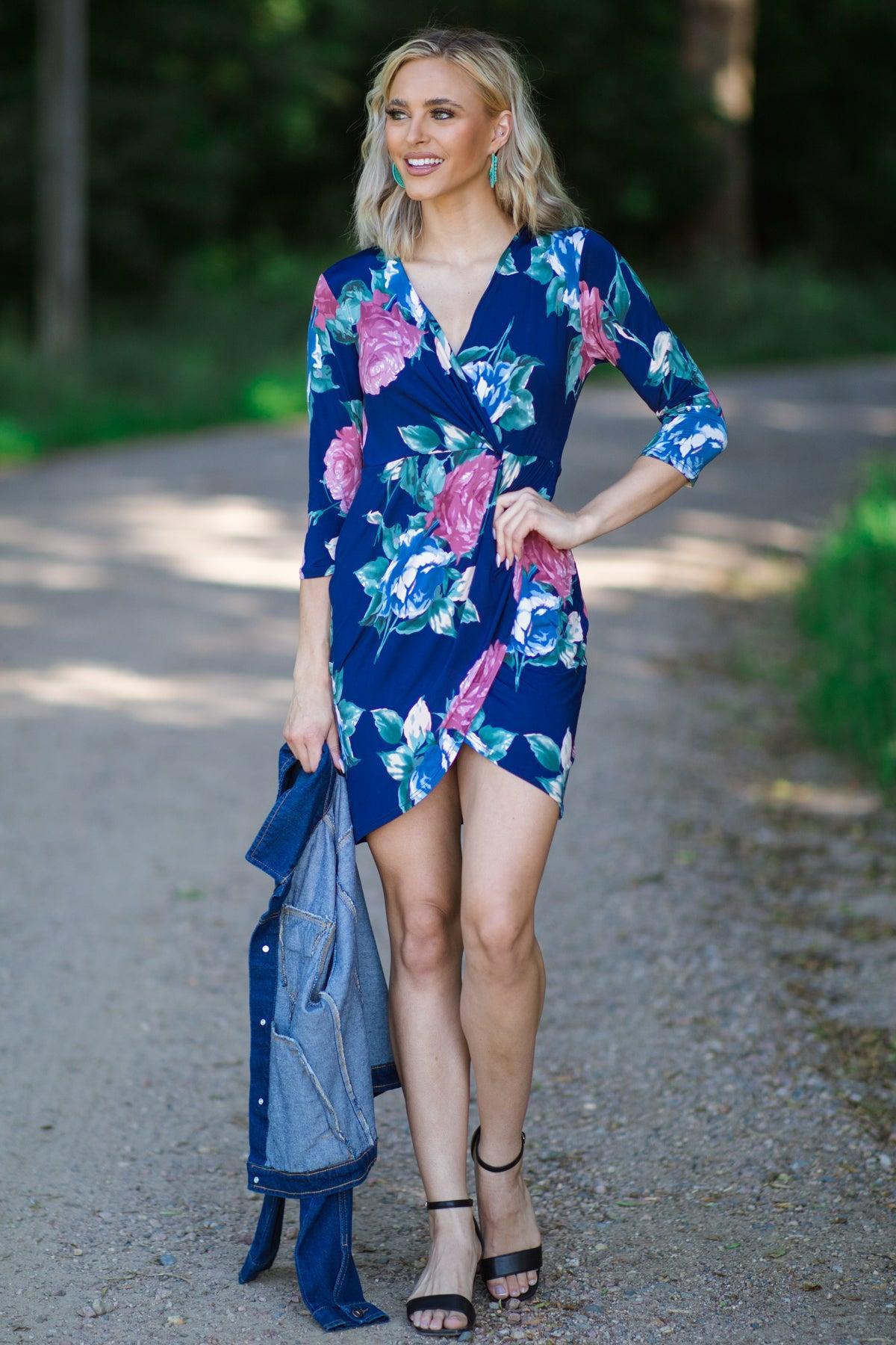 Navy and Dusty Rose Floral Print Dress Product Image