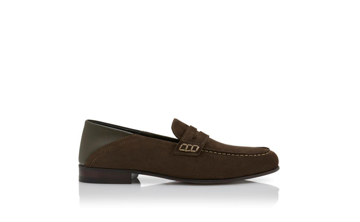 PLYMOUTH Dark Khaki Suede Penny Loafers Product Image