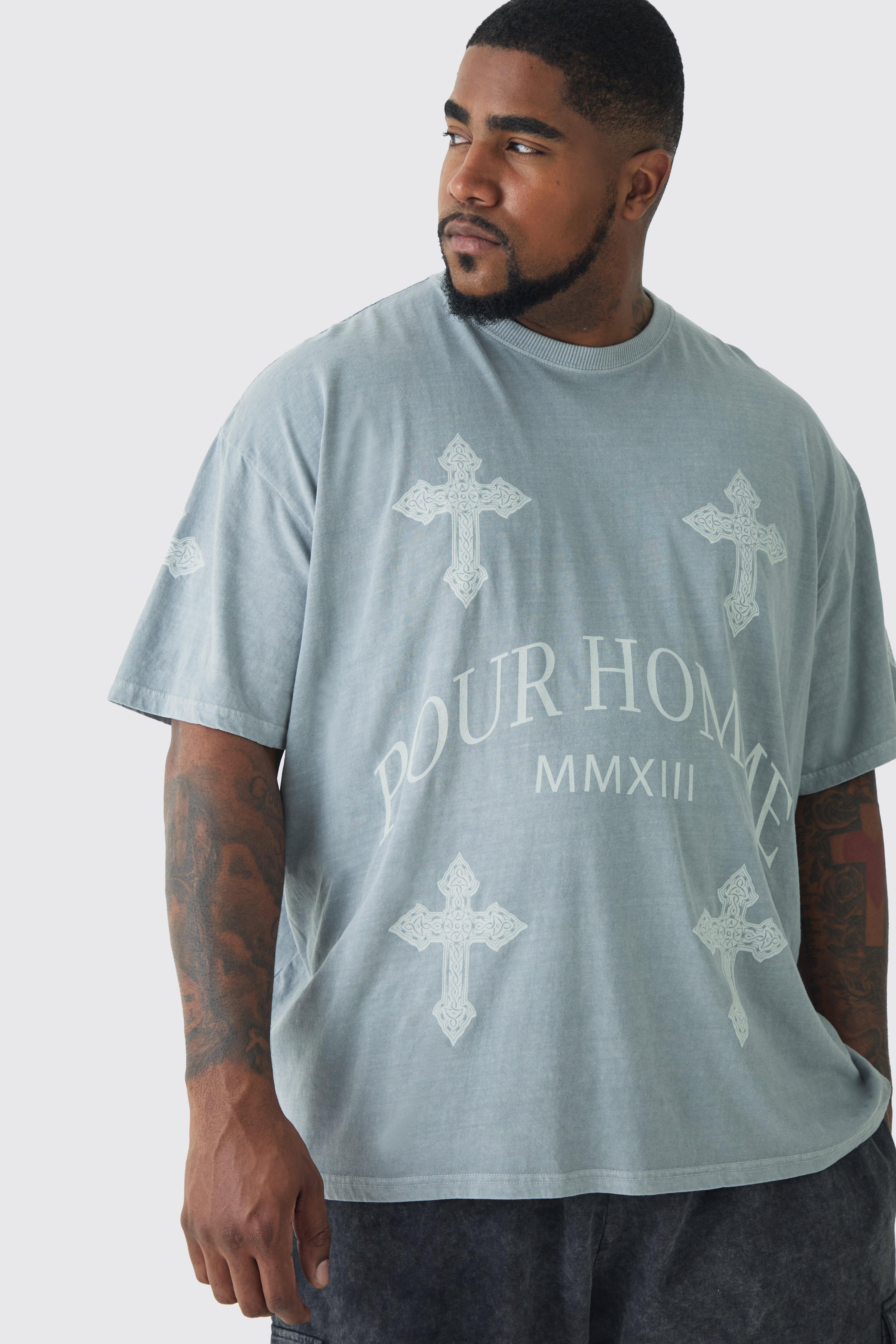 Plus Pour Homme Cross Printed T-shirt In Grey | boohooMAN USA Product Image