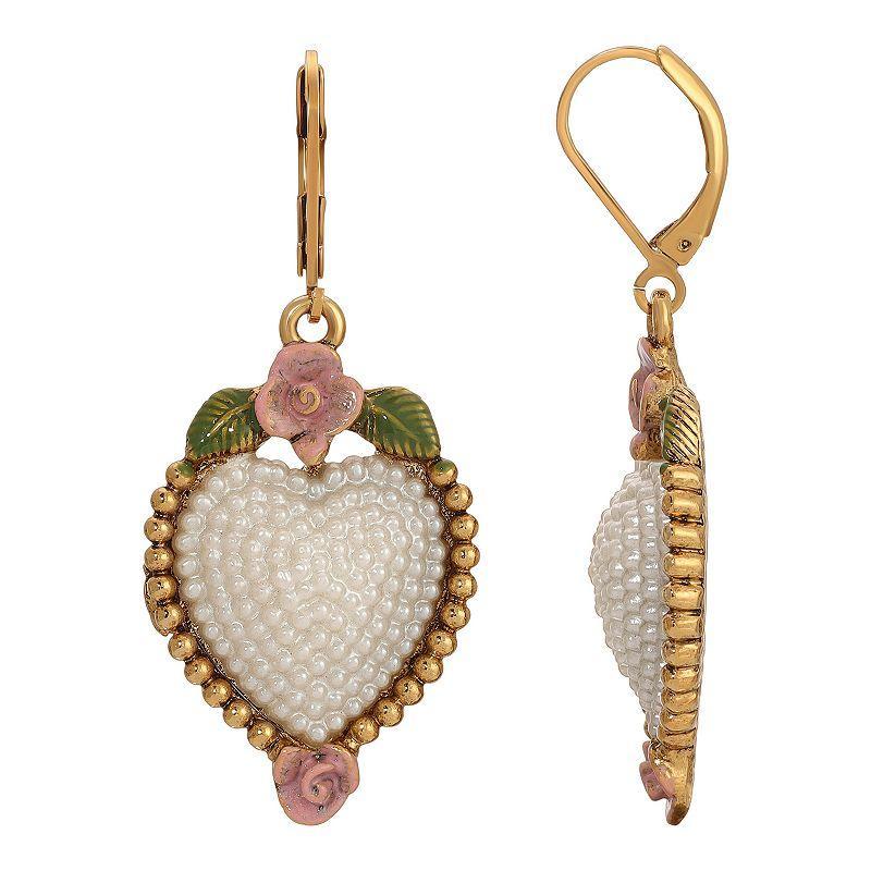 1928 Gold Tone Simulated Pearl Pink Flower Heart Drop Earrings, Womens Product Image