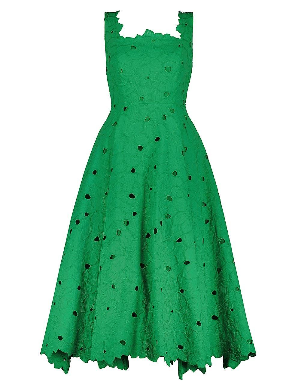 Womens Cotton Floral Eyelet Embroidered Midi-Dress Product Image