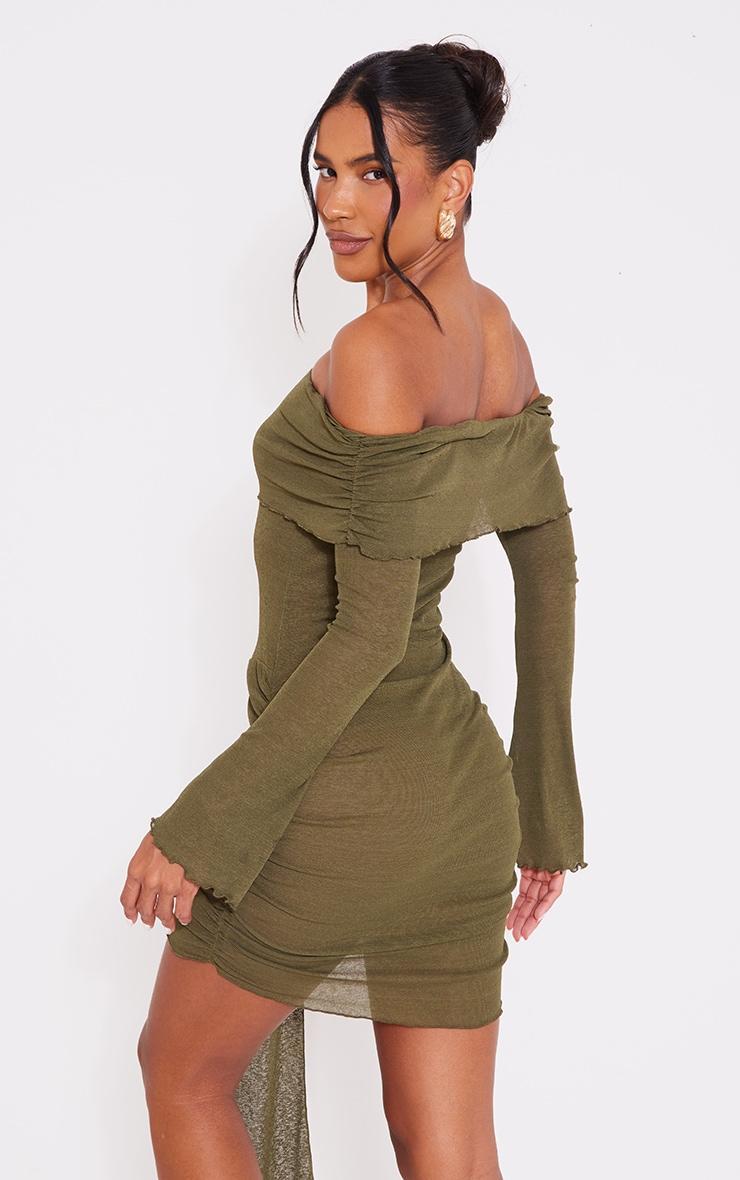 Olive Burnout Mesh Long Sleeve Bardot Ruched Bodycon Dress Product Image