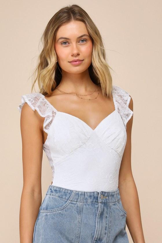 Sunny Whimsy White Lace Ruffled Tie-Back Bodysuit Product Image