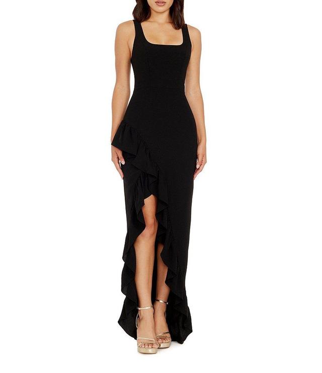 Dress the Population Charlene Square Neck Sleeveless Cascading Ruffle Side Slit Gown Product Image