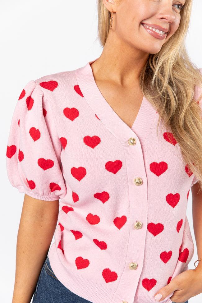 Ask Me Out Pink and Red Puff Sleeve Heart Cardigan SALE Product Image