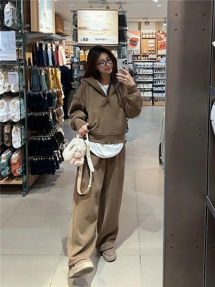 Plain Zip Hoodie / Mid Rise Wide Leg Pants Product Image