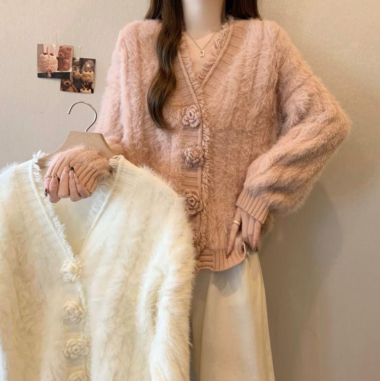 V-Neck Plain Floral Accent Fluffy Fringed Cardigan Product Image