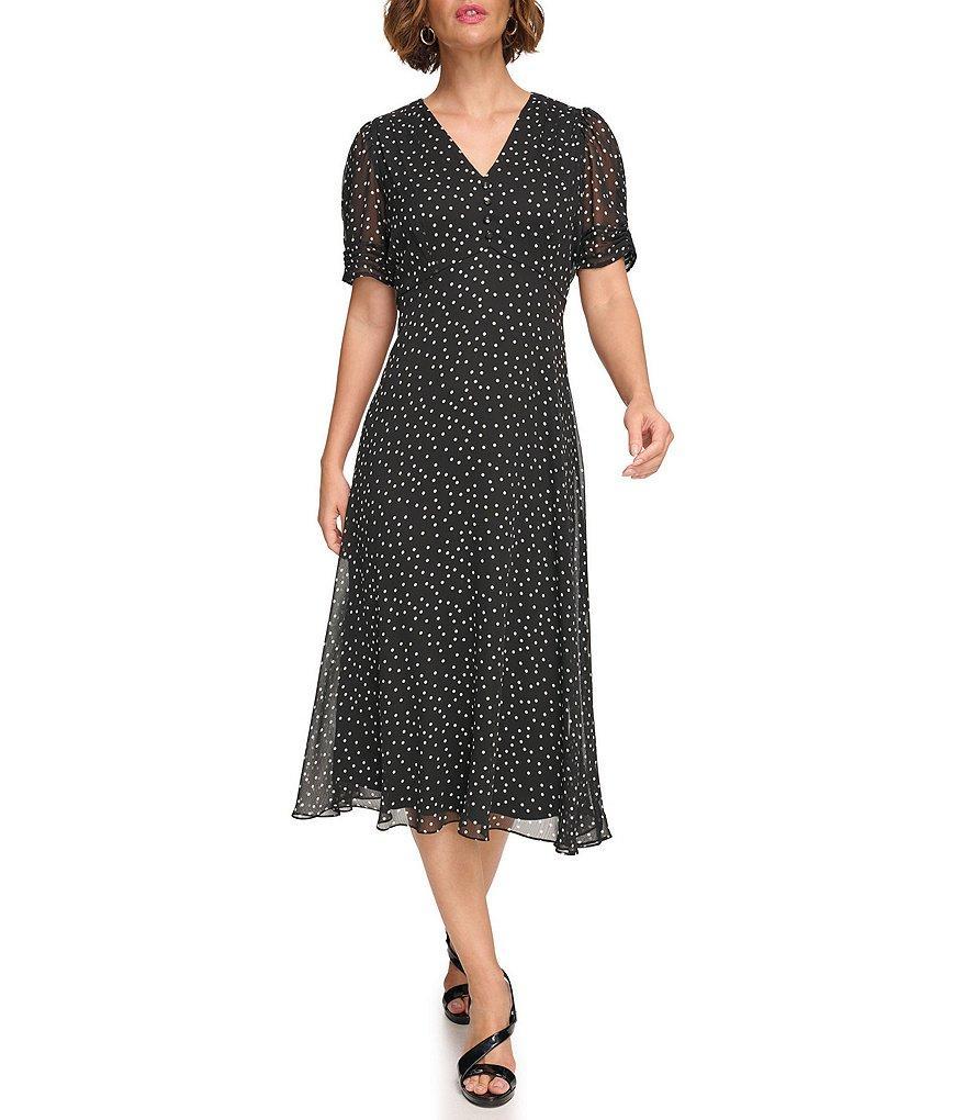 DKNY by Donna Karan V-Neck Short Sleeve Dotted Chiffon Aline Midi Dress Product Image