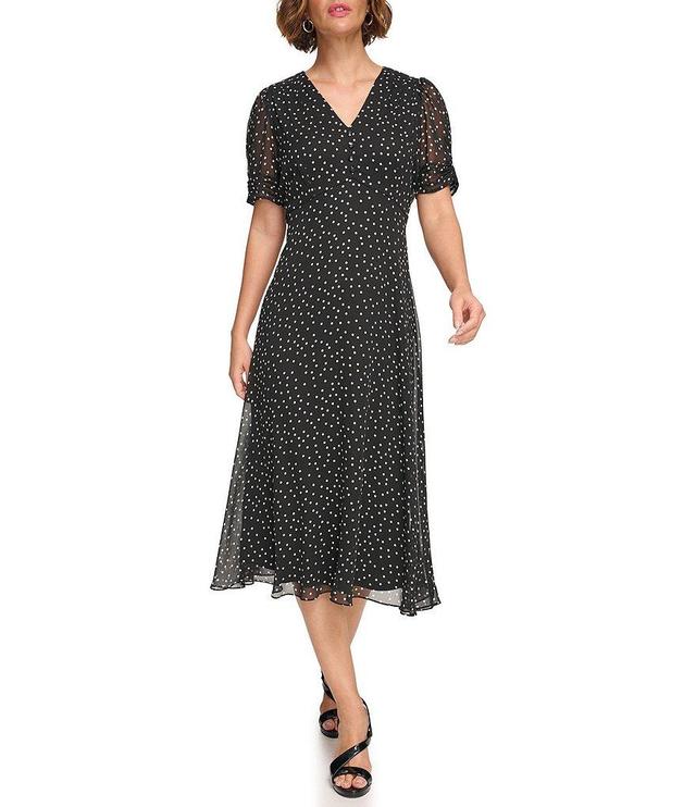 DKNY V-Neck Short Sleeve Dotted Chiffon Aline Midi Dress Product Image