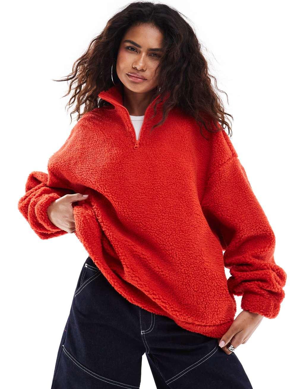 COLLUSION Borg zip funnel neck oversized sweat in red Product Image