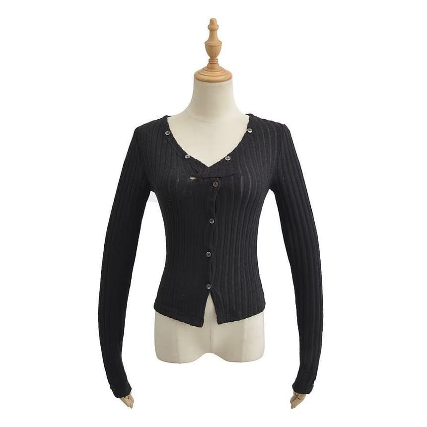 V-Neck Button-Up Plain Crop Cardigan Product Image