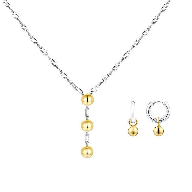 Sterling Silver Two-Tone Polished Ball Y-Necklace & Hoop Earrings Set, Womens Two Tone Product Image