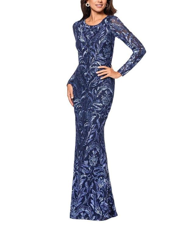 Xscape Sequin Embroidered Crew Neck Long Sleeve Sheath Dress Product Image