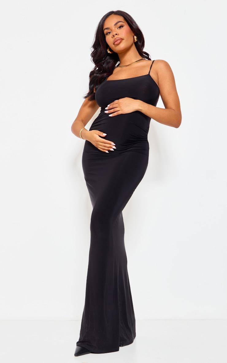 Maternity Black Slinky Straight Neck Sleeveless Maxi Dress Product Image