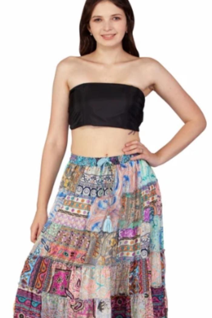 Silky Long Patchwork Skirt with Drawstring Waist Product Image