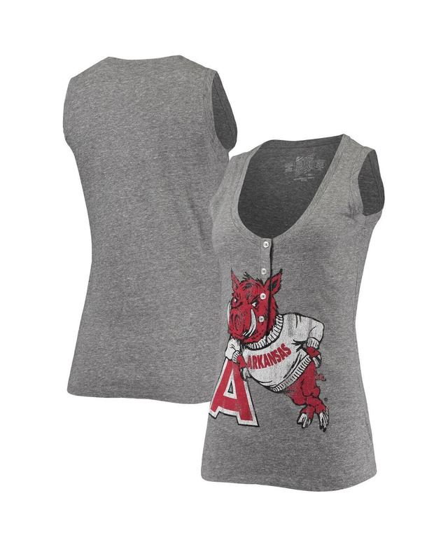 Womens Original Retro Brand Heathered Gray Arkansas Razorbacks Relaxed Henley Tri-Blend V-Neck Logo Tank Top Product Image