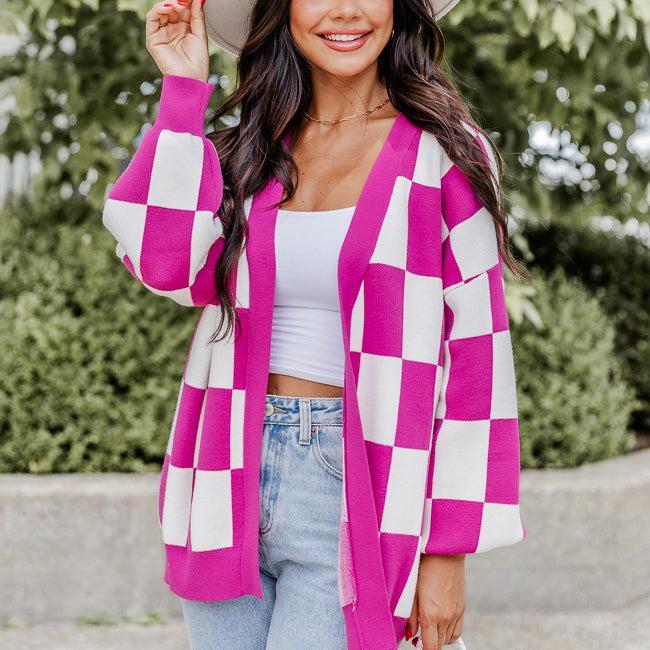 Trying Your Best Magenta Checkered Cardigan  FINAL SALE Product Image