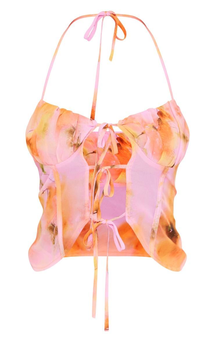 Orange Sheer Floral Tie Front Top Product Image