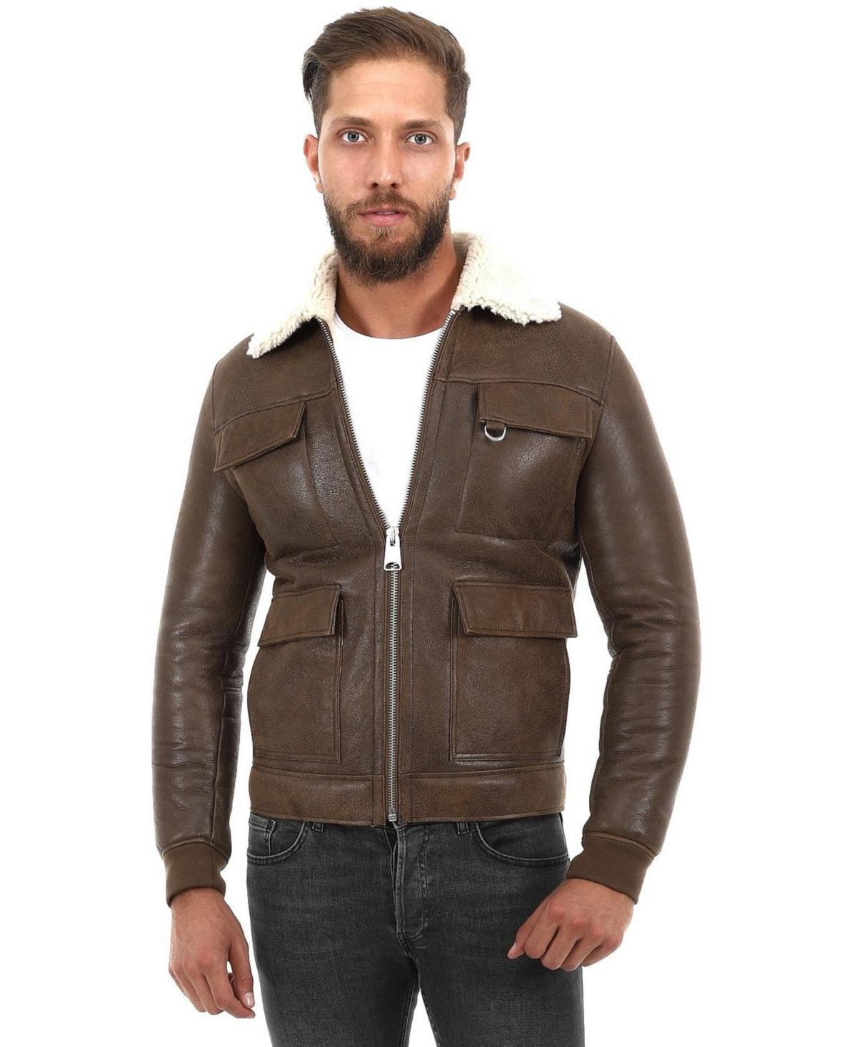 Furniq Uk Mens Shearling Bomber Jacket, Vintage- with Beige Curly Wool - Camel Product Image