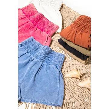 Blue High-Waist Washed Twill Shorts Female Product Image