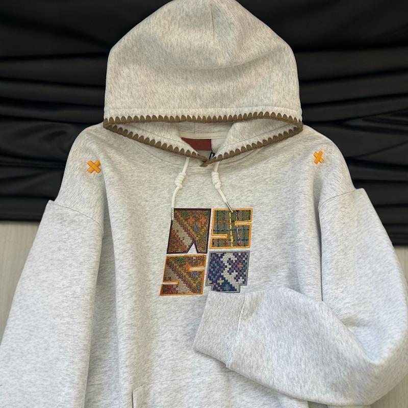 Embroidered Contrast Trim Drawstring Hoodie Product Image