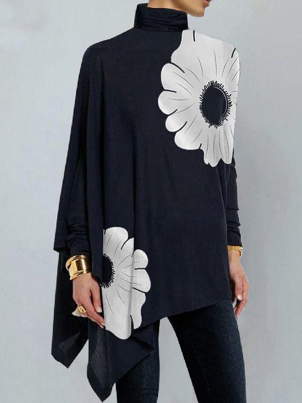 Long Sleeves Loose Asymmetric Floral Printed Split-Joint High Neck T-Shirts Product Image