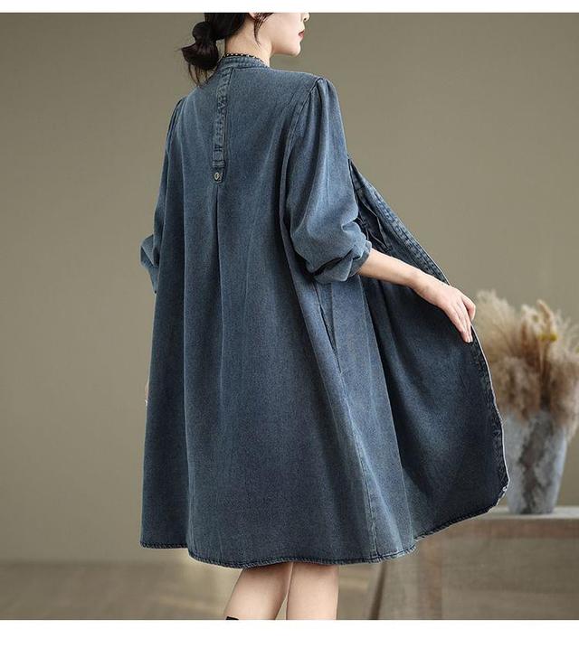 Long Sleeve Stand Collar Loose Denim Shirt Dress Product Image