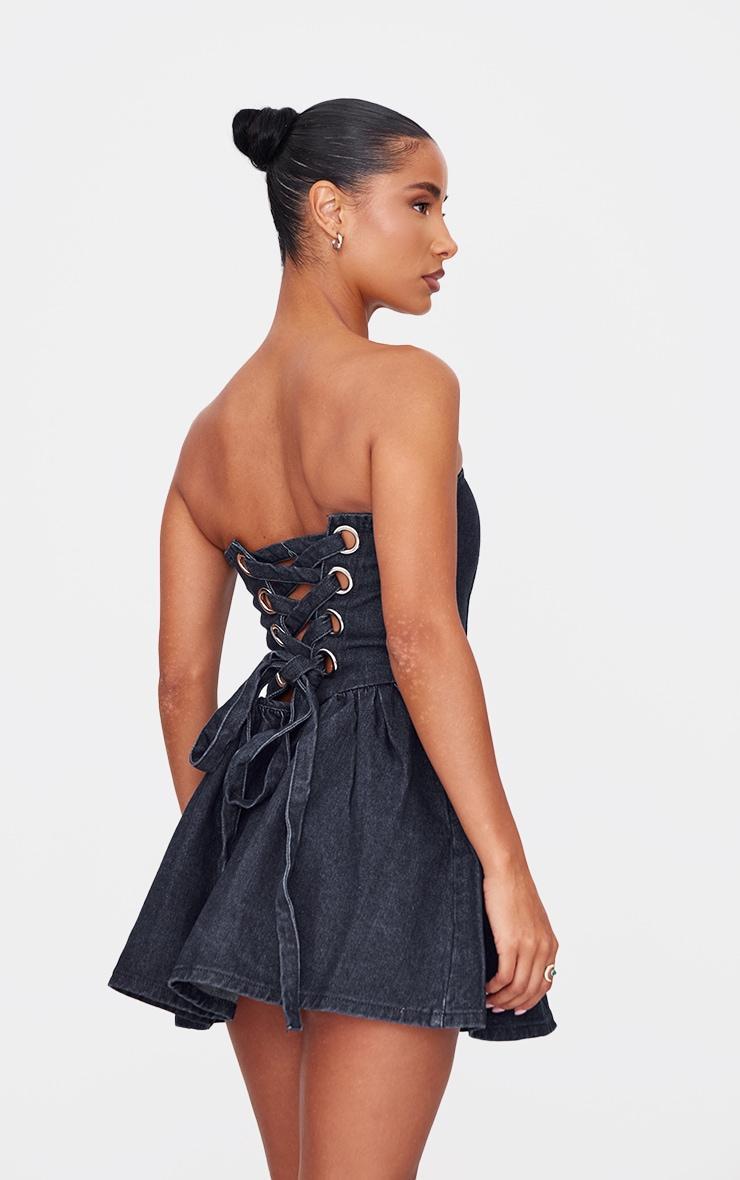 Indigo Lace Up Back Denim Puffball Dress Product Image